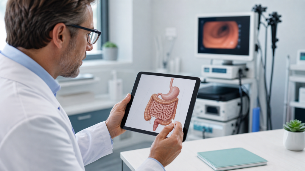 Clinician reviewing a digital digestive system diagram with endoscopy equipment nearby